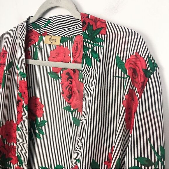 JORJA | Longline Duster Open Front Kimono Stripes & Roses Women’s Size Medium - Picture 2 of 8